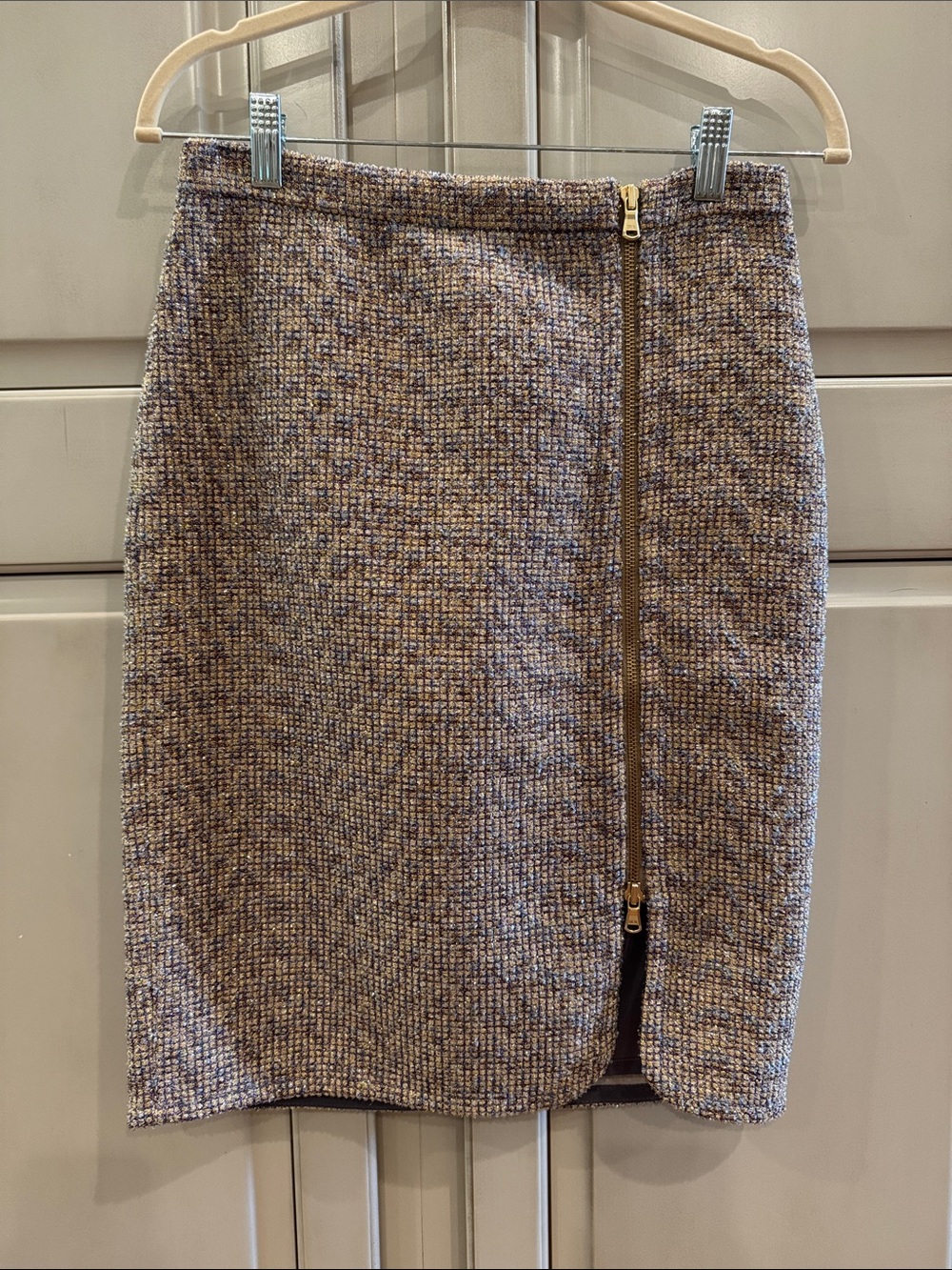 J. Crew Purple Tweed Pencil Skirt with Gold Zip